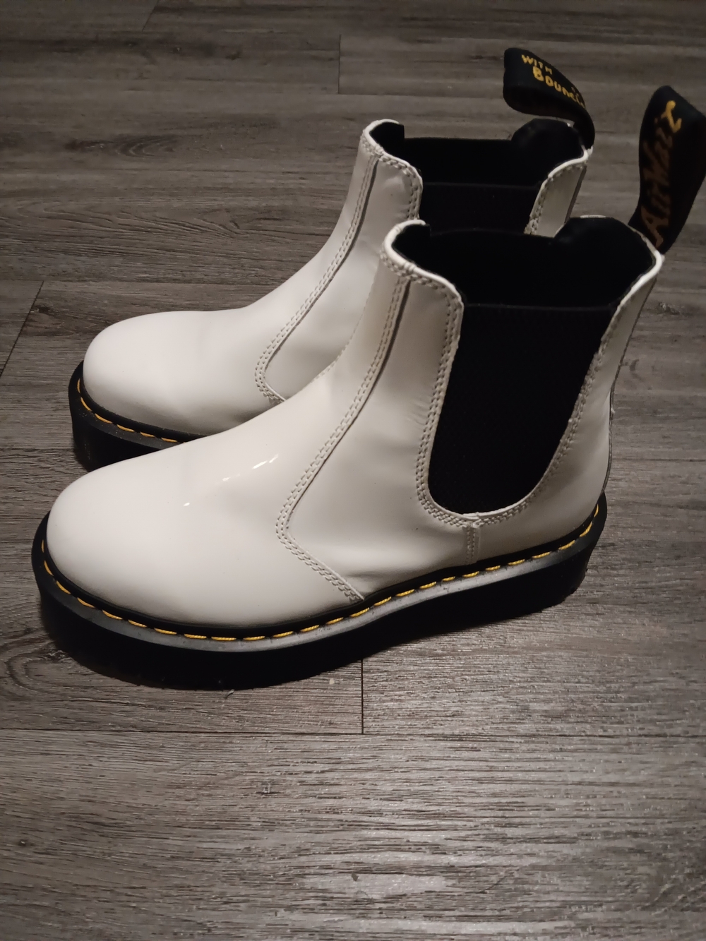 Dr. Martens White Chelsea Platform Boots with Yellow Stitching